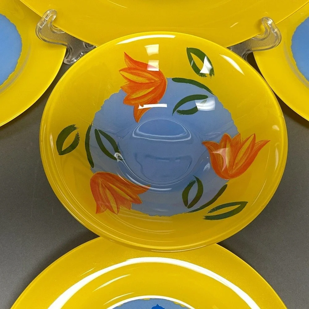 Cristal D'Arques-Durand Tulips Maty's Yellow Bowl Dinner Salad‎ Plates Glass